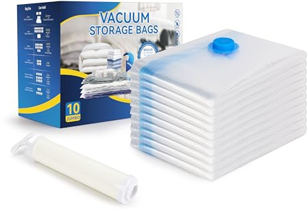 Vacuum Storage Bags for Clothes, Bedding, Duvets and Blankets, Heavy-Duty Space Saver Compression Bags with Airtight Double-Zip Seal, Leak-Proof Reusable Design, Hand Pump Included (10 Jumbo-100x70cm)