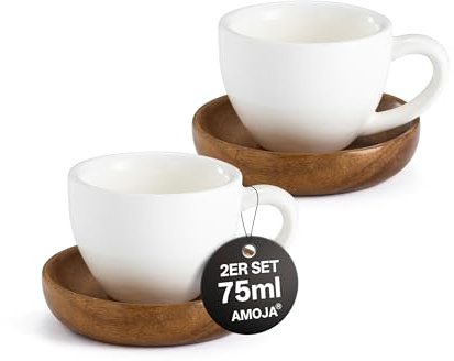 AMOJA 2er Espressotassen mit Untertassen, Weiß, 75ml Dickwandige Keramik | Lang Warm Haltend Kaffeetassen Set, Stapelbar, Spülmaschinengeeignet, Ideal für Espresso und Kaffee