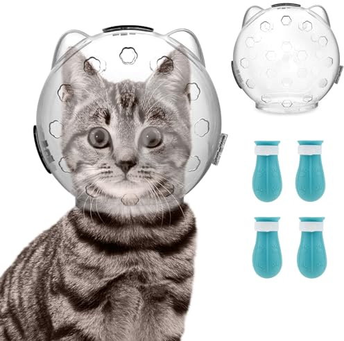 Cat Anti Bite Helmet Cat Bubble Muzzle Transparent Cats Muzzle Helmet Kitten Astronaut Hood Ears Shape Design Cats Space Muzzles with 4 Silicone Paw Shoes for Bath Nail Trimming(Large)