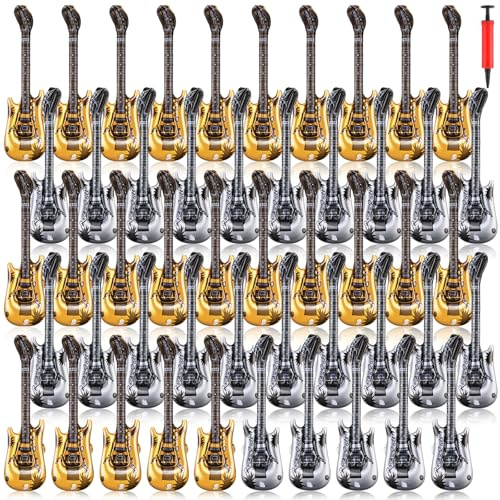 50 Pcs Inflatable Guitars for Parties Bulk 21 Inch Small Blow up Guitar with Inflator Gold and Silver Rock Instrument for Kids Birthday Rock and Roll Party Decorations Photo Booth Props