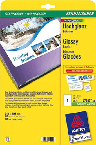 AVERY Zweckform L7767-40 Hochglanz-Etiketten (40 Glossy Aufkleber, 210x297mm auf A4, selbstklebend, bedruckbar, hochglänzendes Papier zur Produktkennzeichnung, für Laser-Drucker) 40 Blatt, weiß