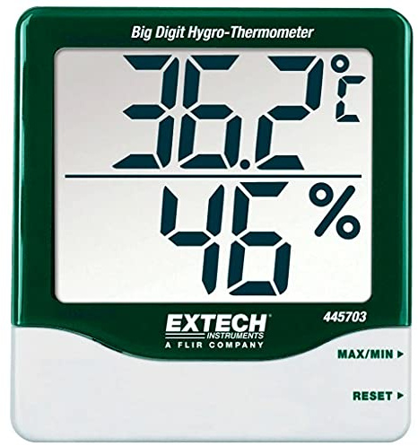 Extech 445703 Hygromètre Et Thermomètre D'Intérieur À Gros Chiffres Avec Affichage Des Valeurs Minimales Et Maximales Et Alarme Pour La Maison, Le Bureau Et La Serre | 10-99%HR, 14-140F, LCD grands chiffres 1po, +/-5%HR, réinit. min/max, support incliné, montage mural