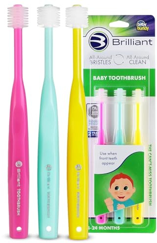 Brilliant Oral Care Baby Toothbrush with Soft Bristles and Round Head, for a Toddler Approved, Easy to Use All-Around Clean Mouth, Ages 0-2 Years, Pink Mint Yellow, 3 Pack