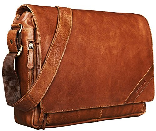STILORD Nick Umhängetasche Leder Herren Damen Unitasche 15.6 Zoll Laptoptasche Aktentasche Bürotasche Vintage Büffel-Leder Farbe:Cognac - glänzend