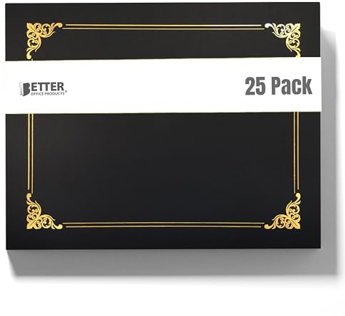 Better Office Products 25 Pack Black Certificate Holders, Diploma Holders, Document Covers with Gold Foil Border, for Letter Size Paper, 25 Count, Black
