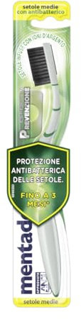 Mentadent Spazzolino P Antibatterico, Spazzolino Medio, con Setole Infuse di Ioni d'Argento, Protezione Antibatterica delle Setole, Manico a Tripla Angolazione e Pulisci-lingua in Gomma