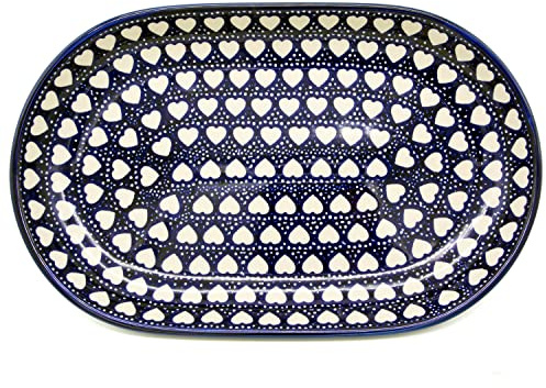 Bunzlauer Keramik Manufaktura Original Servierplatte oval, L 32,5 cm (Dekor Weisse Herzen)