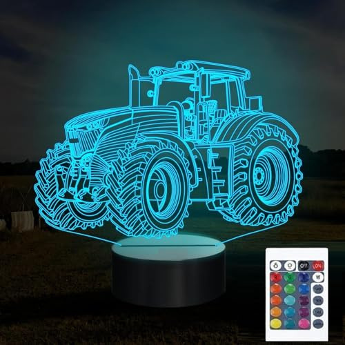 SUPERRUIDALONG 3D Traktor Lampe Fernbedienung 16 Farben Nachtlichter Illusion Acryl LED Tisch Nachttischlampe Kinderzimmer Schreibtisch Dekoration Geburtstag süßes Spielzeug für Kinder und Erwachsene