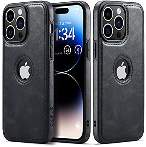 Sibada Hülle für iPhone 14 Pro Max, Logo View, Kompatibel mit Slim Premium Veganes Leder Klassisch Luxus Elegant Dünn, entworfen für iPhone 14 Pro Max - Schwarz