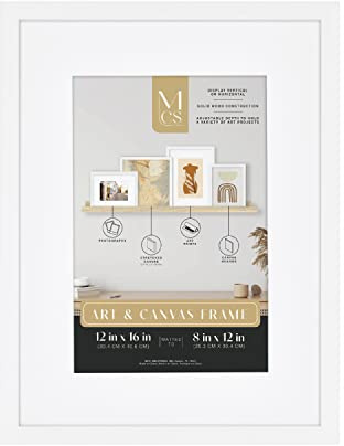 MCS Gallery Wooden Frame for Canvas, Art Boards, Photos and more, White, 12x16 with 8x12 Mat