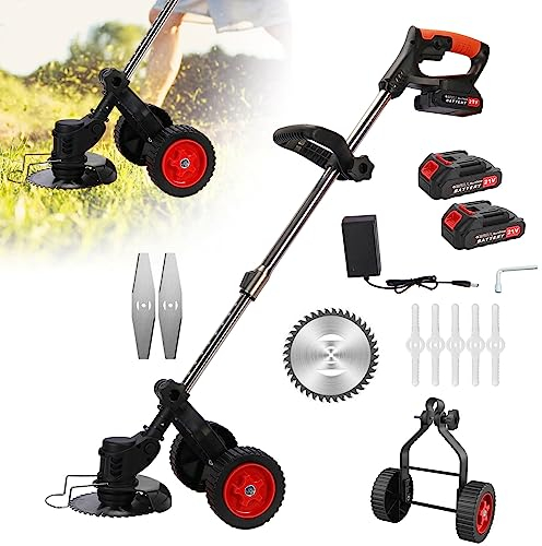 Wilitto Cortadora de césped, cortador de césped 3 en 1, cortador de césped inalámbrico con 2 piezas de baterías recargables de 21 V 2000 mAh, cuchillas cortadoras de césped, cortador de césped