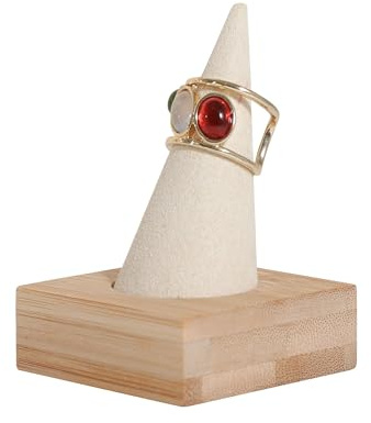 GemeShou Beige Holzring-Lagerorganisator, Sammet-Schmuckring-Ausstellungständer-Halter, Niedliches Ring-Ausstellungständer zum Verkauf, Hochzeit-Ring-Halter am Nachttisch 【Beige mit einem Kegel】