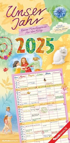 Alpha Edition - Unser Jahr 2025 Familienplaner, 15x42cm, Kalender mit 5 Spalten für Termine, Illustrationen von Frank Bayer, Stundenpläne, Ferienterminen DE/AT/CH und deutsches Kalendarium