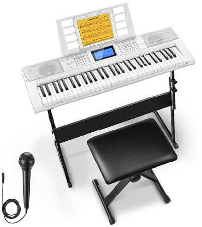 Donner - Teclado Piano de 61 teclas, kit de teclado eléctrico con 249 voces, 249 ritmos, incluye soporte para piano, taburete, micrófono, regalo para principiantes, blanco (DEK-610S)