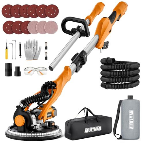 Drywall Sander, 1050W Electric Drywall Sander with Vacuum Dust Collection, 2100RPM Wall Sander with 7 Variable Speed, Foldable & Extendable Handle, Double-Deck LED Light, Dust Bag and Hose