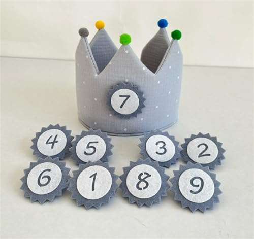 Geburtstagskrone Musselin mit Zahlen,Krone Geburtstag Jungen Mädchen, Kinder Partyhüte Party Deko Hut für Jungen & Mädchen Geeignet für Kinder Von 0 Bis 9 Jahren (Graue Polka Dots)