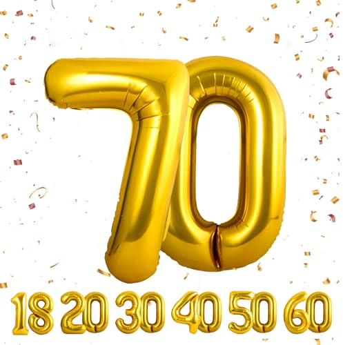 Globos de 70 cumpleaños,Dorado 70 pulgadas Globo número, 70 decoraciones de Globo número cumpleaños para hombre y mujer, Globo inflable de lámina de Dorado 70