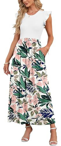 AUSELILY Sommer Maxikleider Dame mit Taschen Hohe Taille Lang Strandkleid | Elegante Blütenblatten Kurzarm Rundhals A Linie Abendkleider Freizeitkleid Sommerkleid Party Hochzeitsgäste Bodenlanger Rock
