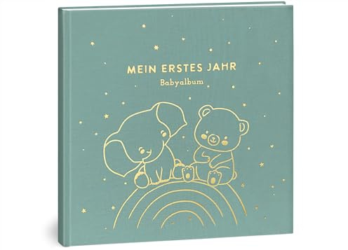 Mein erstes Jahr Babyalbum - Hochwertiges Leinenbuch mit Goldprägung für die schönsten Erinnerungen - Babybuch zum Eintragen für das erste Lebensjahr - Baby Geschenk zur Geburt (Regenbogen Mint)