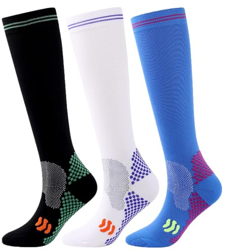 Coolwife kompressionsstrumpor 3 par kvinnor män knähöga sport flyg löpning strumpor, Randig prick, Medium-Large