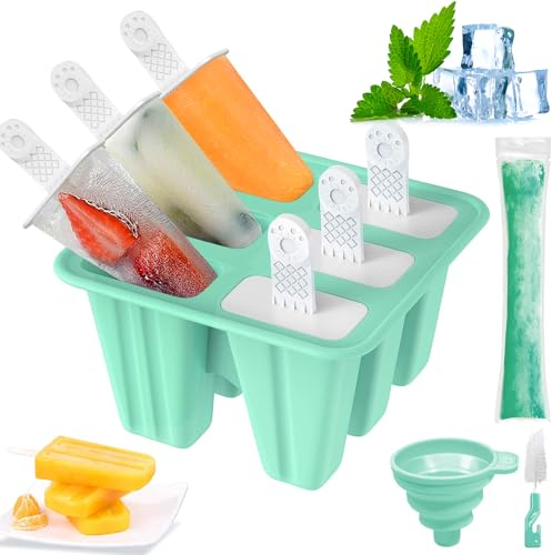 Eisformen Eis am Stiel, Eisformen Silikon für Kinder und Erwachsene, Wiederverwendbar DIY Wassereis Formen, Popsicle Formen Set mit Reinigungsbürste und Falttrichter (Grün, 6 Hohlräume)
