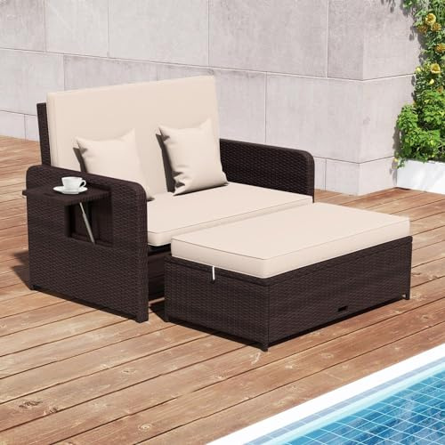 GYMAX Rattan Lounge Sofa, Lounge Möbel Outdoor inkl. Gartensofa mit Hocker, Gartenliege, Fußbank mit Stauraum, Gartenlounge, 2-Sitzer Balkonsofa mit Liegefunktion & klappbarer Seitenablage