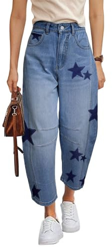 Barrel Jeans für Damen, Baggy Star Printed Hufeisen-Jeans, mittelhohe Taille, weites Bein, knöchellang, Denim-Hose