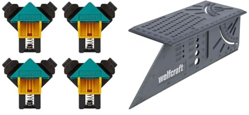 wolfcraft 8626000 - Kit projet Serrage à Angle Droit - 4 Presses d’Angles ES 22 & 5208000 - Équerre 3D d'onglet - Traçage angle de 45° à 90° - 150 x 275 x 66 mm