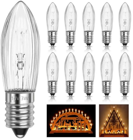 SCNNC Riffelkerze Spitzkerze Topkerze 14V 3W E10 Riffel, Schwibbogen Ersatzbirnen für 16 Brennstellen, Warmweiß 2700K, Kerze Glühbirne Lichterbogen E10 für Innen Lichterkette Weihnachtsbaum, 10 Stück