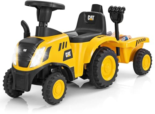 DREAMADE Kinder Rutschtraktor mit Abnehmbarem Anhänger, Hupe, LED-Lichtern, Rechen & Schaufel - Rutschfahrzeug für Kinder ab 1 Jahr