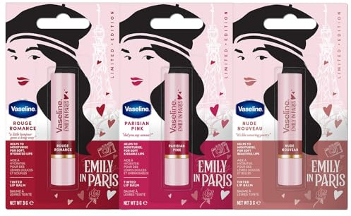 Vaseline x Emily in Paris | Feuchtigkeitsspendende Lippenbalsam Sticks 3er Set | Limited Edition | (Nude Nouveau, Parisian Pink & Rouge Romance)