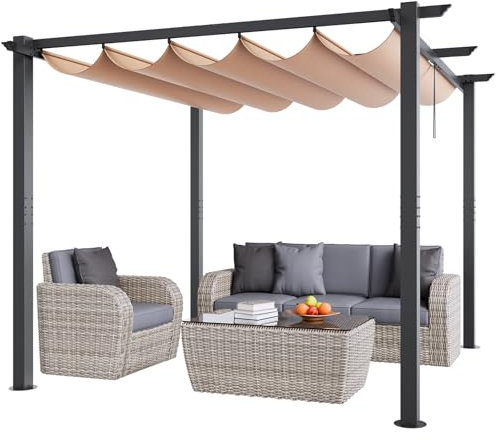 VEVOR Pergolato Retrattile per Esterni 3 x 3 x 2,3 m con Tettoia, Pergolato in Alluminio con Tettoia Retrattile, Pergolato Moderno con Tettoia Parasole per Patii, Giardini, Ponti, Cortili (Beige)