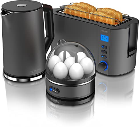 Arendo - Wasserkocher mit Toaster SET, Toaster MANHA mit Eierkocher SEVENCOOK Edelstahl Grau, Toaster 4 Scheiben, LED-Display, 6 Bräunungsgrade, Brötchenhalter - Eierkocher 1-7 Eier, Messbecher