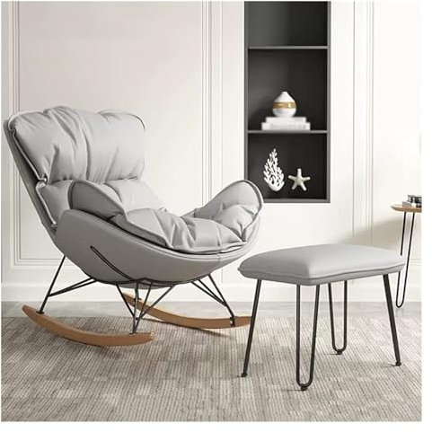 SZITW Moderner Schaukelstuhl mit Fußhocker für das Wohnzimmer, gepolsterter Relaxsessel mit hoher Rückenlehne, Schaukelsessel mit Akzenten und Beinen aus Massivholz (Farbe: Grau1)