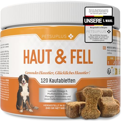 PETSUPLUS Pelo & Pelle. Integratori per Cani con Vitamine, Omega 3 Cane e Olio di Salmone per Cani. Combatte Sintomi quali Prurito, Pelle secca, Irritazione, perdita di Pelo e Irritabilità. 120 chews