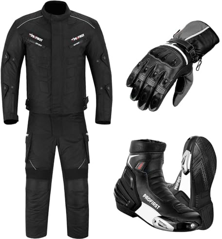 PROFIRST Men's Motorbike Suit with Motorcycle Boots & Gloves - 2-Piece Riding Suit with CE Approved Full Armors, Jacket, Trousers, Boots & Gloves All Season (Black, 3XL)