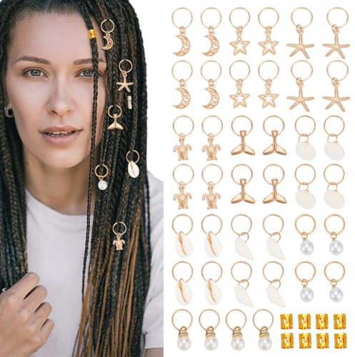 PLIGREAT 44 pezzi Shell Loc accessori per capelli in oro conchiglia trecce decorazione gioielli stella marina trecce accessori decorazione per capelli stile spiaggia intrecciati dreadlock fermaglio