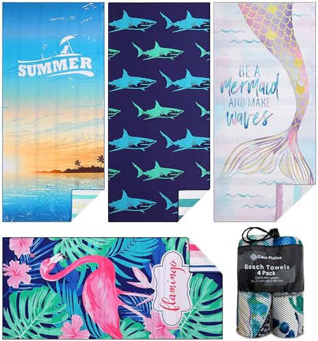 Casa Platino Lot de 4 grandes serviettes de plage surdimensionnées en microfibre anti-sable, légères, imprimées des deux côtés pour voyage, camping, adultes, vacances, 180 x 81 cm (Barbadose)
