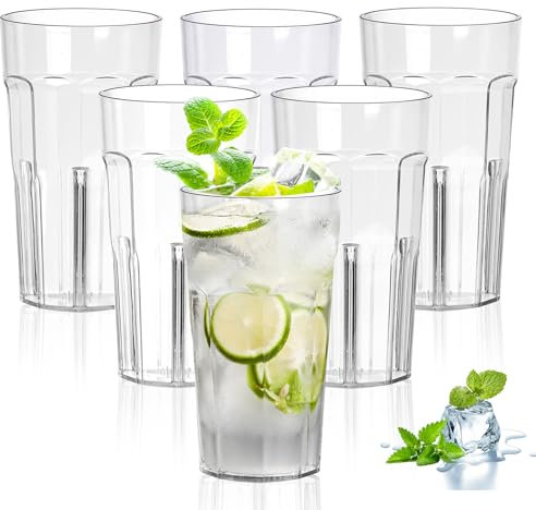 PRITOK Vasos de plástico acrílico: 6 vasos para beber de 370 ml, vasos de agua transparentes, vasos de plástico reutilizables, apilables, irrompibles para bebidas calientes y frías
