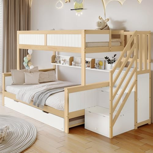 Generisch Etagenbett 90x200cm & 120x200cm mit Rollbett, Stauraumtreppe, Kleiderschrank, Fallschutz, Kiefernholz & MDF, Weiß-Natur – ideal für Kinderzimmer, Flexible Schlaflösung.