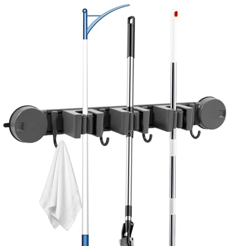 YERENCY Besenhalterung Wandhalterung mit Saugnapf - 3 Halter + 4 Haken, Wand Schwerlast Gerätehalter aus Aluminium in Luftfahrtqualität, geeignet für Stiele bis 2,6 cm, ohne Bohren (3 Stück)