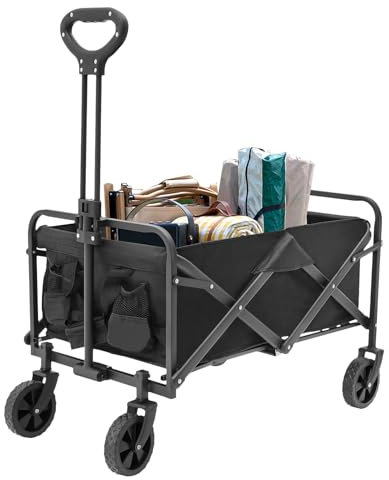 Bollerwagen Faltbar 80kg Klappbar Transportkarre Strandwagen mit 4 Räder, Getränkehalter, Verstellbarer Griff für Camping, Outdoor-Aktivitäten, Einkaufen