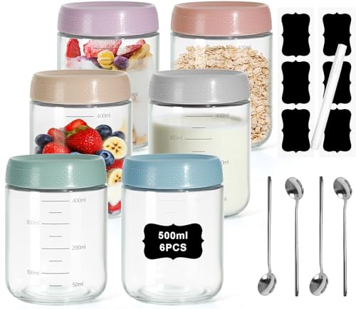 gmisun Meal Prep Gläser, 6 Stück Overnight Oats Gläser 500ml mit Messmarkierungen, Deckel, Mehrzweck, Meal Prep Glas mit Etiketten, Löffel, Overnight Oats Glas für Küche