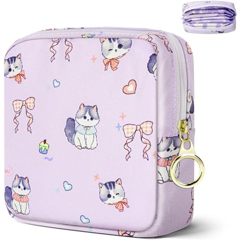 Likesing Tampon Holder for Purse, Canvas Period Bag Sanitary Napkin Storage Bag for Girls Womens, Portable Feminine Emergency Pad Period Pouch(Bow-Tie Wink Cat)