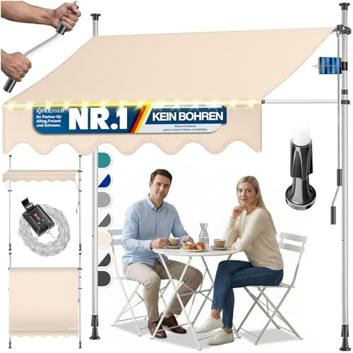 KESSER® Klemmmarkise mit Handkurbel & LED Lichterkette | Balkonmarkise ohne Bohren | Markise UV-beständig höhenverstellbar & wasserabweisend | Sonnenschutz für Balkon Terrasse & Garten 200cm