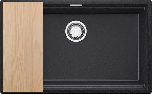 PRIMAGRAN Evier Cuisine en Granit Graphite 76x47cm, Lavabo 1 bac + Kit de Vidage + Planche à Découper, Évier à Encastrer au Meuble 80cm - Prague Level Slim S497