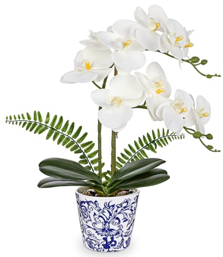 Oairse Flores artificiales de orquídea blanca con maceta azul y blanca, orquídeas falsas de seda de 15.7 pulgadas, orquídeas falsas para decoración del hogar, oficina, estante, mesa, centro de mesa