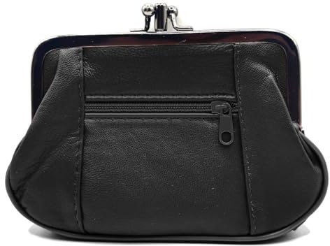 Charmoni - Portefeuille Femme - Porte Monnaie Fermeture clic clac Fermoir - Poche zippée - en Cuir d'agneau - 15 x 10 x 1 cm (Noir)
