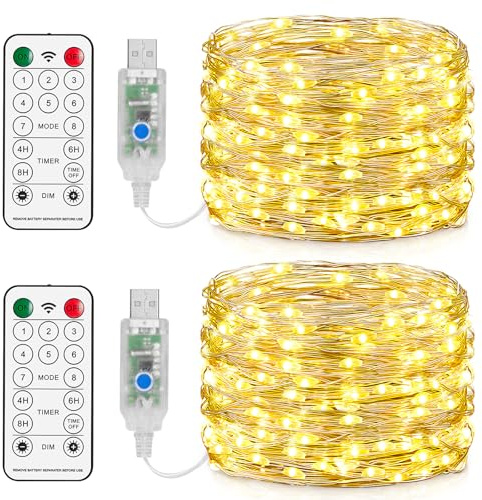 Forepin 15M Draht Micro Lichterkette, 2 Stück LED Mini Lichterkette 8 Modi und Timer, Lichterketten USB mit Fernbedienung für Weihnachten Party Hochzeit DIY