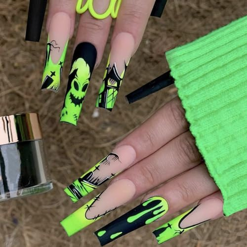 Viugex 24 Stück Halloween Nägel Zum Aufkleben, Französische Schwarz Grün Press on Nails, Lange Sarg Künstliche Nägel, Horror Geist Kunstnägel zum Aufkleben, Natürlich Acryl Falsche Nägel für Mädchen